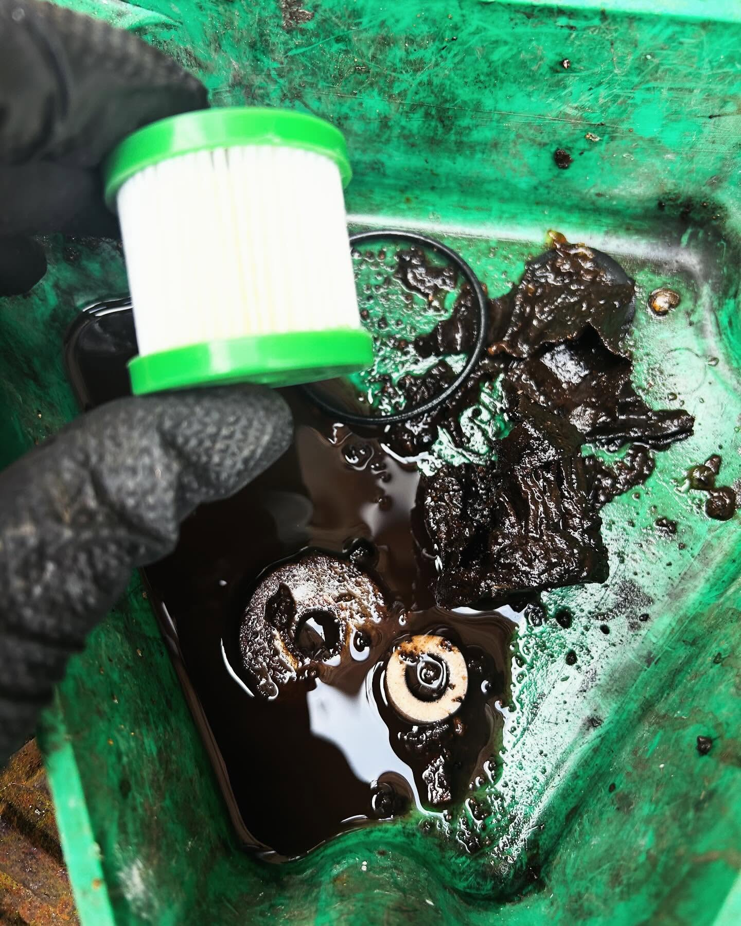Dirty oil filter element and sludge taken out of a filter bowl