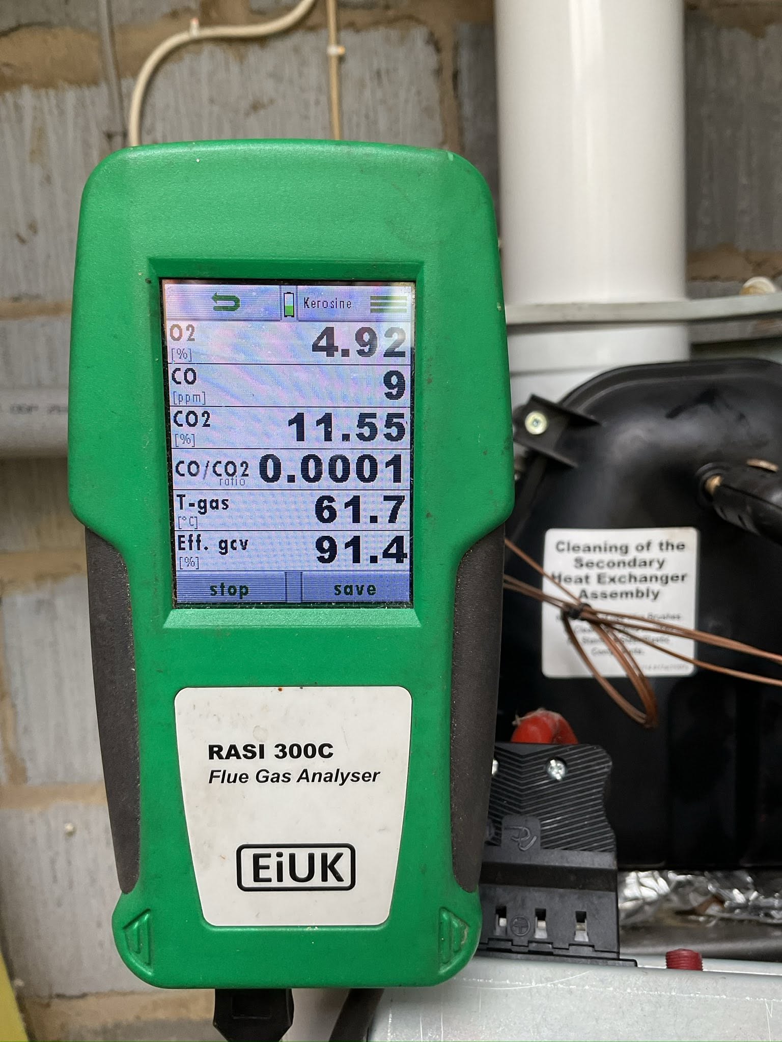 Close-up of the flue gas analyser readings during a service